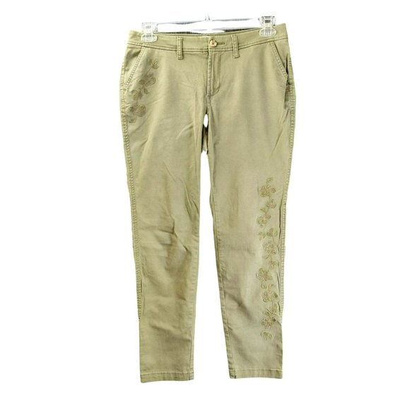 A New Day Stretch Women's Size 8 Stitch Embroidered Floral Detail Olive Pants - Picture 1 of 14